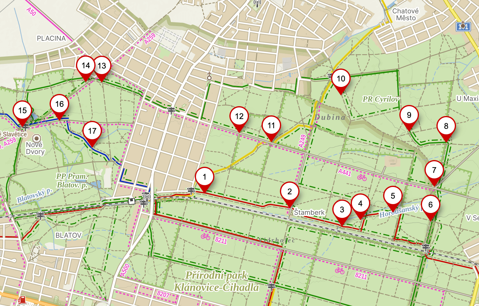 Mapa naučné stezky Klánovickým lesem se 17 zastaveními